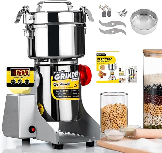CGOLDENWALL LED Display Grain Grinder Mill 400g Electric High-speed Spice Grinder Mill 1800W Commercial Motor Powder Machine Dry Grinder for Cereals Grain Herb CE Approved (400g Swing Type)