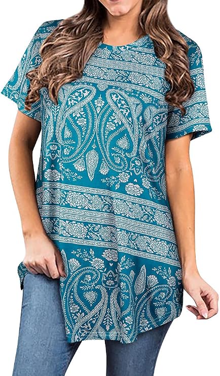 Womens Tunic Tops Short Sleeve Casual Long Shirts to Wear with Leggings
