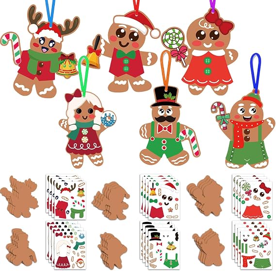 HOWAF 24 Pcs Gingerbread Man Craft Kits Christmas Stickers Decorations Make Your Own Gingerbread Man Ornament, DIY Gingerbread Crafts for Xmas Holiday Activity Party Supplies Favor
