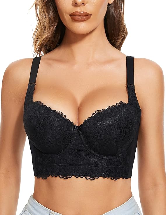 FallSweet Push Up Bras for Women Lace Plus Size Wide Back Underwire Longline Corset Bra