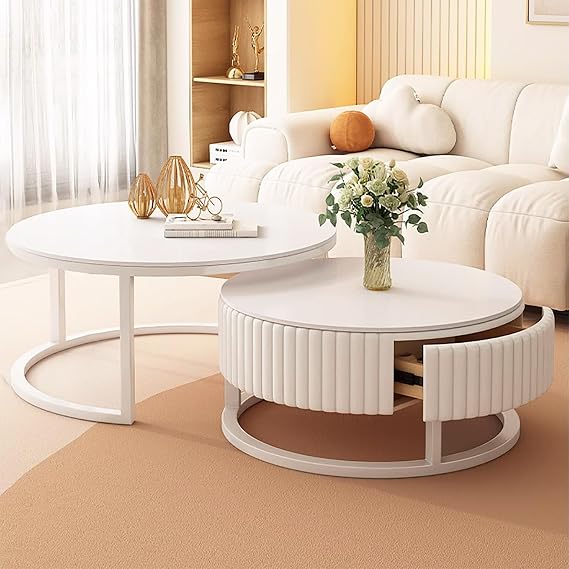 Set of 2 Coffee Tables Round White 50 + 70 cm Living Room Table Round Coffee Table with Storage Space Marble Side Table Sturdy Metal Frame Set Tables for Living Room Easy Assembly for Bedroom Office