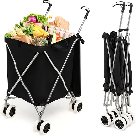 COSTWAY Foldable Shopping Trolley with Wheels Capacity 90L/55kg Hand Cart with Removable Oxford Bag Shopping Cart Foldable Trolley Bag with Handle for Shopping Camping (Black)