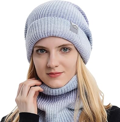 Winter Beanie Hat Scarf Set Gradient Color Warm Knit Winter Hat Skull Cap Neck Warmer with Thick Fleece Lined for Men Women