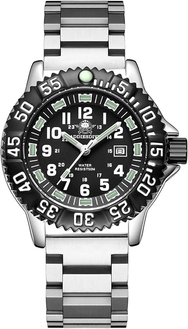 ADDIESDIVE Watch for Men Alloy Case Mineral Analog Quartz Rotatable Bezel Luminous Military Mens Watches with Stainless Steel Bracelet/Olive/Khaki Nylon Band