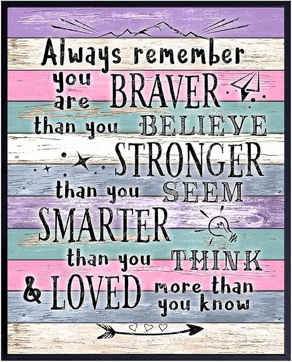 Inspiration Inspirational Wall Art - Always Remember You Are Braver - Positive Quotes Wall Decor - Encouragement Gift for Women - Motivational poster - Kids Room Bedroom - A.A. Milne Quotation Saying