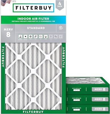 Filterbuy 20x32x2 Air Filter MERV 8 Essential Dust & Allergy Defense 4-Pack, Electrostatic Pleated HVAC AC Furnace Filters Replacement, Made in USA Actual Size: 20.00 x 32.00 x 1.75