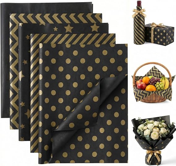 VGOODALL 100 Sheets Black and Gold Pattern Tissue Paper, 20 X 14 inches