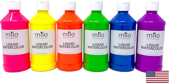 milo Fluorescent Liquid Watercolor Set, 6 Neon UV Colors, 8 oz Bottles