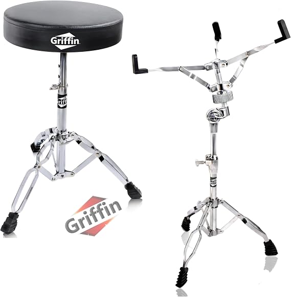 Griffin Drum Throne & Snare Stand Set (ChromeElite Edition) 2 Pack Percussion Drum Hardware Package with Clamp Mount Lightweight, Braced Design for Snares & Pads