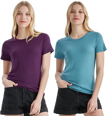 Merino Protect 100% Merino Wool T Shirts Women Crew Neck Tops Short Sleeve Odor Resistance Base Layer Travel Hiking Tee Shirt 2Pack