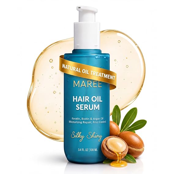 MAREE Hair Oil for Frizzy Hair with Argan Oil, Keratin & Biotin Hair Serum for Dry and Curly Hair Gloss Frizz Control Hair Care Products for Women Aceite Para el Cabello Keratin Hair Treatment