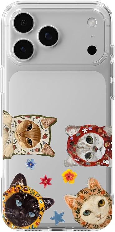 iPhone 17 Pro ile Uyumlu Sevimli Kediler Desenli Şeffaf Telefon Kılıfı