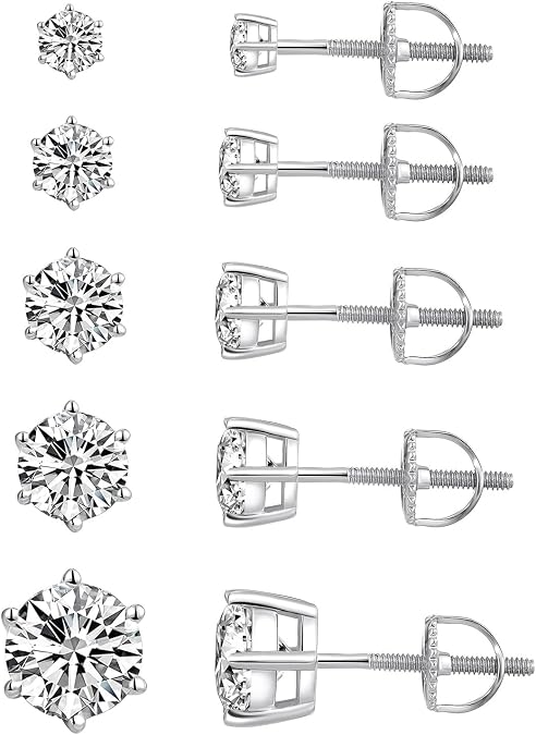 MDFUN Screw Back Stud Earrings Set for Women/Men,5 Pairs 18K Gold Plated Round Clear Cubic Zirconia Hypoallergenic Ear Pack Jewelry Gift