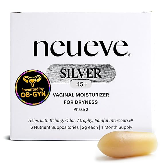 NeuEve Silver Vaginal Moisturizer for 45-55. OBGYN-Invented for Dryness, Odor, Atrophy, with Sea Buckthorn, Evening Primrose, Chamomile. Phase 2 | 6 Count | 1-Month Supply