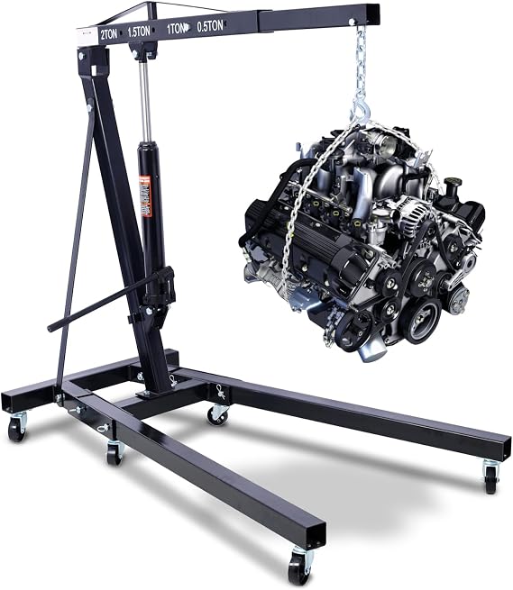 2 Ton Cherry Picker Engine Hoist, Heavy Duty Folding Engine Stand with 6 Iron Caster Wheels, Durable Engine Lift Engine Crane Hoist Lift, Black
