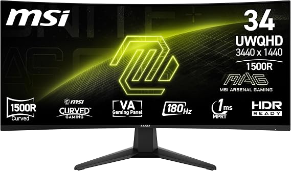 MSI MAG 346CQ 34-Inch UWQHD Curved Gaming Monitor 3440 x 1440 1500R VA 180Hz 1ms HDR Ready Eye Care HDMI 2.0b DP 1.4a Frame-Less Design Tiltable Vesa Combinable Black