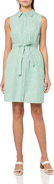 Tommy Hilfiger Women's Sleeveless Collared Button Front Tie Waist Mini Shirt Dress