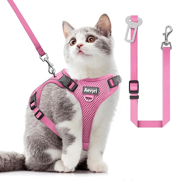 Cat Harness and Leash for Walking, The Upgrade Can be Adjusted in Four Directions and Breathable Cat Harness for Anti Escape that can be Fitted and Positioned, Reflective Strips Harness, Pink, S