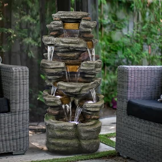watnature 47.2" Large Outdoor Fountains - 6-Tier Stacked Shale Rockery Garden Water Fountain, Outdoor Water Fountain with Lights for Patio, Backyard, Garden, House&Office Decor
