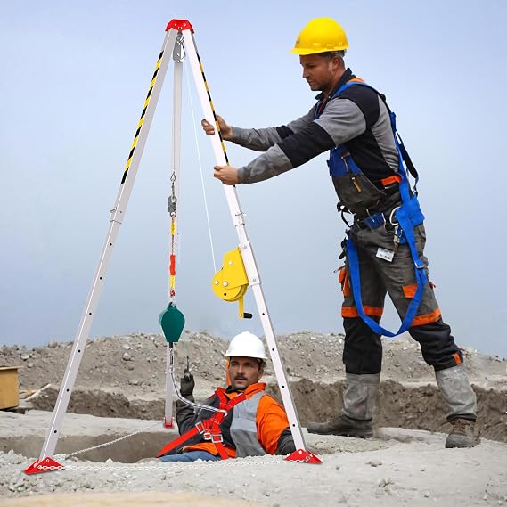 Fire Rescue Tripod with 1800 LBS Lifting Winch, 99 Ft Steel Cable, Aluminium Alloy Confined Space Tripod Kit with Fall Arrest System, and Safety Self-Lock Mechanism, Construction Tripod