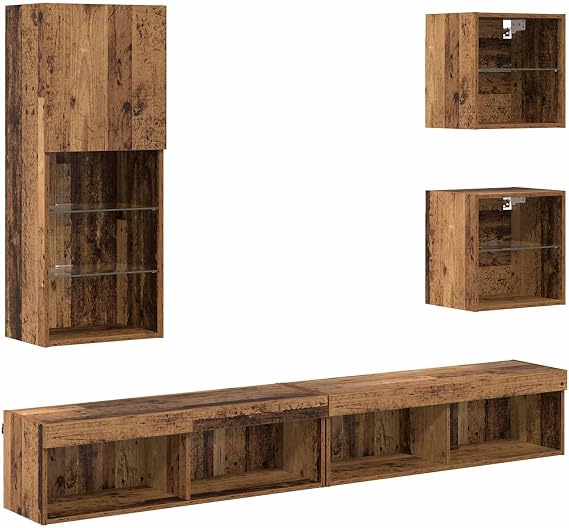 Wall Mounted TV Cabinet with LED Lights, Engineered Wood TV Stand with Shelves, and Wall Units with LED 5 Piece Set for Modern Living Room