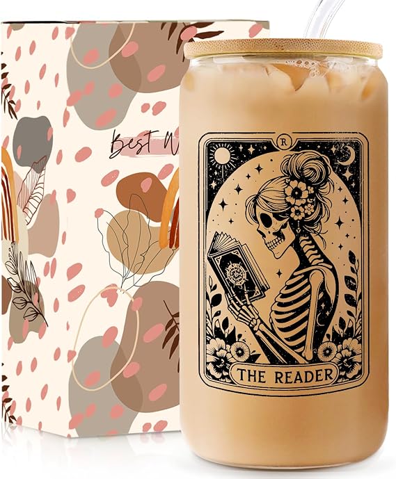 Book Lovers Gifts, 16oz Glass Coffee Tumbler for Women Readers