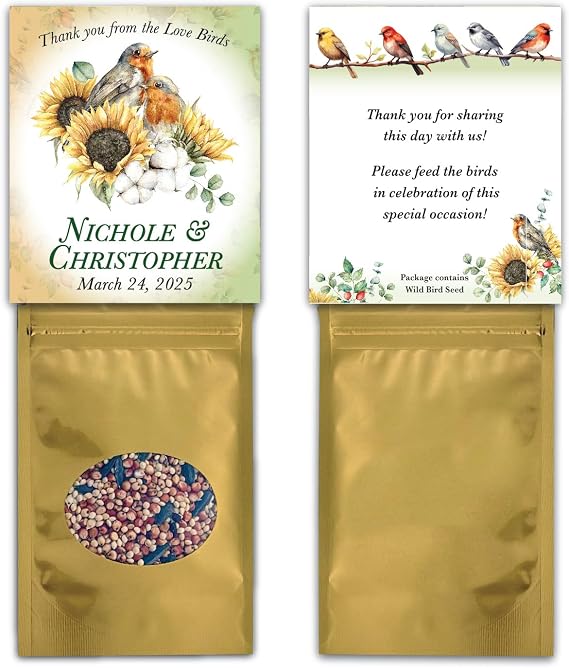 Personalized Custom Wedding Bird Seed Packets Bridal Favors w/Choice of Verse, Wild Bird Seed, Bonbonnieres, Shower Gift, Party Supplies, Keepsake, Sunflower, Robin, Lovebirds, Rustic Garden - Qty 25