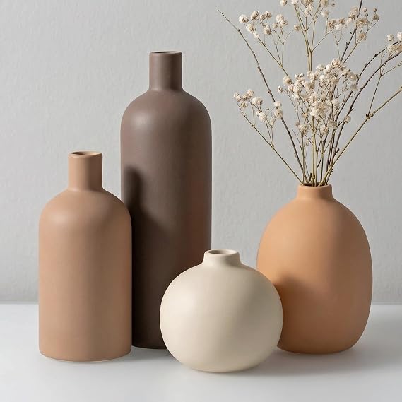 Ceramic Vase Set of 4, Modern Home Decor for Shelves - Neutral Color Minimalist Flower Vases - Coffee Mix Collection, Housewarming Gift for Women, Mother, Wife, Friend, Sister