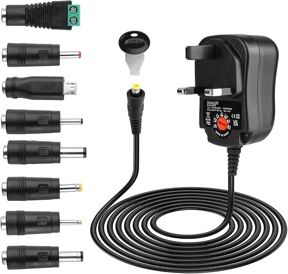 12W Universal Power Adapter 3V 4.5V 5V 6V 7.5V 9V 12V AC DC Power Supply with 8 Selectable Adapter Plugs for Household Electronics Router LED Strip Lights CCTV IP Camera TV-Box Speakers, 1000mA Max