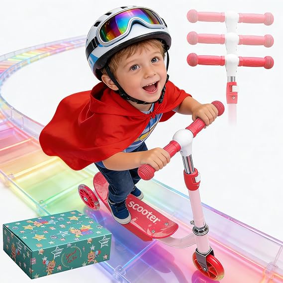 Scooters for Kids 3-5 Years Age 3-Wheel Light Up Scooter with Flexible Steer & 3-Adjustable Height for Boys Girls Outdoor Indoor Recreational Transport Blue Pink Orange