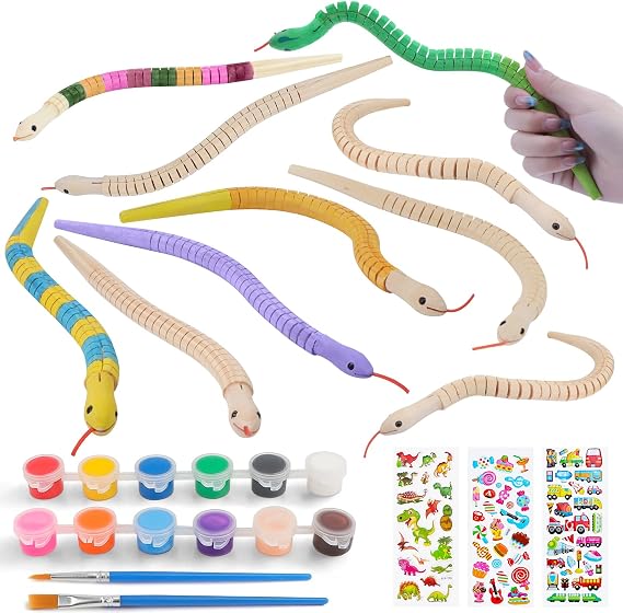12 Pcs Unfinished Wooden Wiggly Snakes Set, 12-inch Paintable Wooden Snake Toy with Acrylic Paints, Flexible Wood Crafts for Kids, for Party Decorations, Holidays, Birthdays