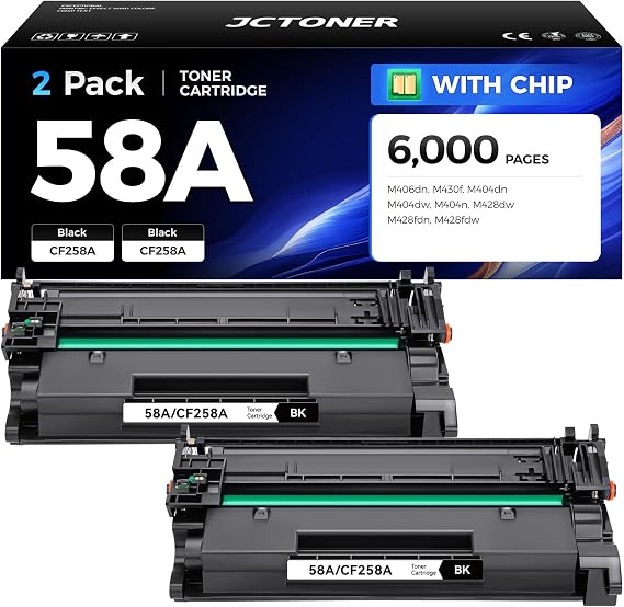 58A Black Toner Cartridge 2-Pack with chip High Yield Replacement for HP 58A CF258A Compatible with HP LaserJet Pro MFP M428dw M428fdn M428fdw M404dn M404dw M404n Enterprise M430f M406dn Printer Ink