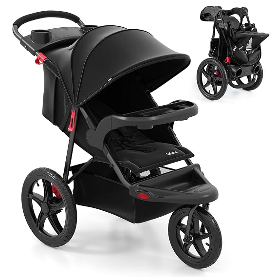 INFANS Jogging Stroller, Foldable Jogger with Air-Filled Tires Shock Absorbing Suspension Adjustable Backrest, Baby Running Strollers
