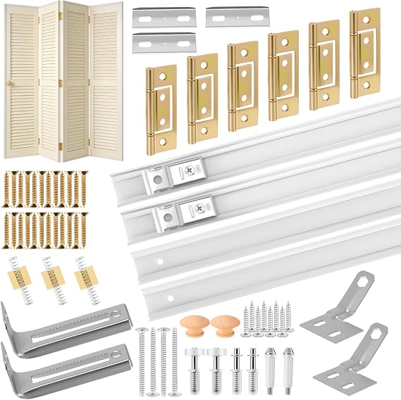 Bifold Door Hardware with Track, Bi-fold Closet Door Hardware Repair Tool Kit, Door Hardware Replacements Part Included Top Guide Wheels,Top Pivot,Bottom Pivot,Hinges,Spring and Steel Track (60 inch)