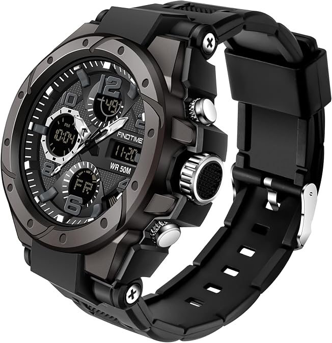 findtime Mens Watches Digital Waterproof Military Watch Tactics Large Dual Dial Display Army Sports Big Wristwatch for Men with Date Alarm LED Stopwatch Analog Red