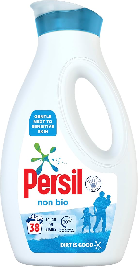 Persil Non Bio Laundry Washing Liquid Detergent 100% recyclable bottle tough on stains, gentle next to sensitive skin 38 wash 1.026 l