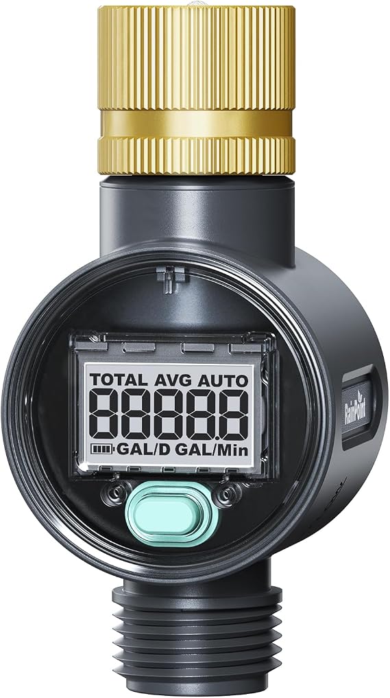 RAINPOINT Water Flow Meter with Brass Inlet, Water Meter for RV Tank Filling, Garden Hose Watering, Lawn Sprinkler & Nozzle Sprayer, 5% Accuracy, Max Measured Consumption of 9999.9 Gallon/Liter