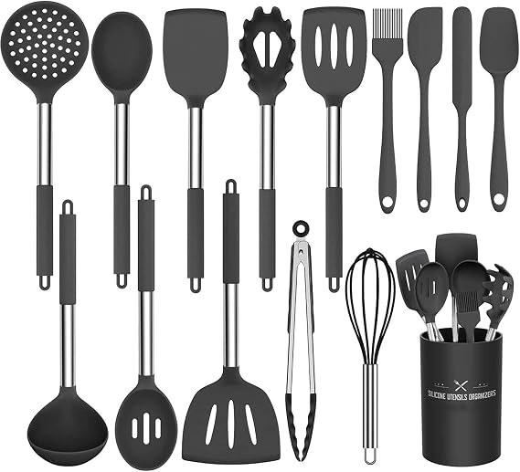 Kitchen Utensils Set 15 Pieces Silicone Cooking Utensils with Stainless Steel Handle Non-Stick Utensil Set Kitchen Utensils & Gadgets Black [Energy Class A]