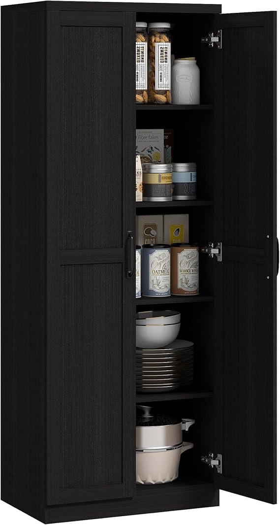 HOMCOM 63" Kitchen Pantry Cabinet with Doors and Adjustable Shelves, Black
