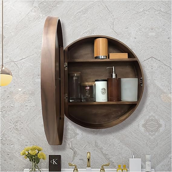 HM&DX Round Bathroom Mirror Cabinet, Circular Medicine Cabinet, Wall Surface Mounted Storage Cabinet with Mirror Door and Hide Shelves(60cm, Brown)