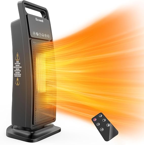 Tower Fast Heating Electric Ceramic Heater - 1500W, Remote Control, Eco & Fan Modes, 1-12H Timer, Tip-Over Protection, 60 Oscillating, Thermostat, Bedroom