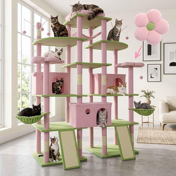 BOWHAUS 80-Inch Extra Large Flower Cat Tree w/Widened Perch for Large Cats, Big Cat Tower Indoor, Modern Multi-Level Activity Tower with Scratching Posts, Condos, Baskets, Hammock, Scratching Ramps