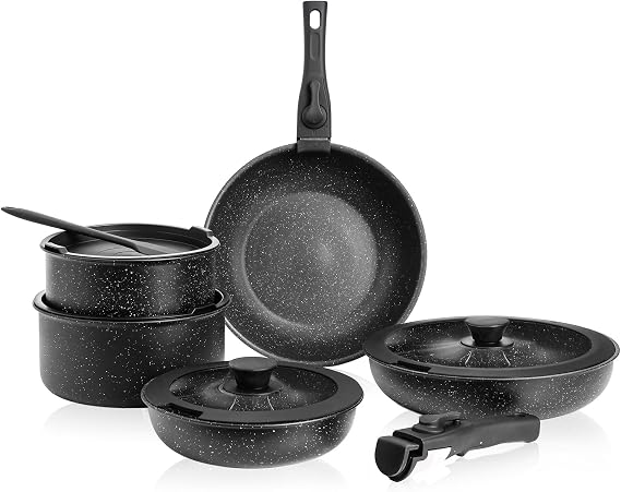 12 Pcs Pots and Pans Set, Nonstick Kitchen Cookware Sets Detachable Handle, Induction Healthy Non Stick RV Cookware, Dishwasher & Oven Safe, Black