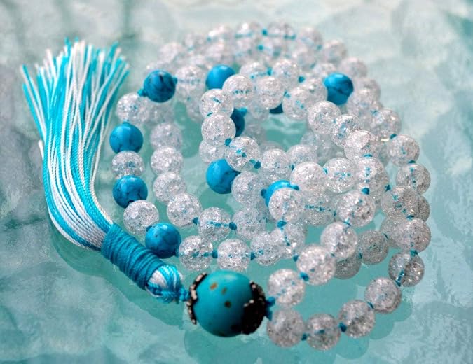 Hand-Knotted Crackled Crystal Quartz & Turquoise Mala Necklace - Embrace Tranquility and Clarity