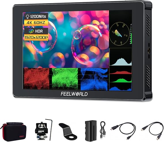 FEELWORLD F7 Plus 7 Inch 4K HDMI Camera Field Monitor, 1200nits Touch Screen DSLR Video Display with Battery, F970 Plate and Carry Case Accessory Kit for Photographers