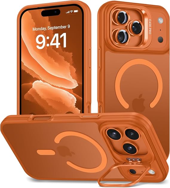 Babilden iPhone 17 Pro Max için Kılıf Kamera Korumalı Magsafe Wireless Şarj Özellikli Mat Şeffaf Renkli Standlı Lens Hediyeli Turuncu