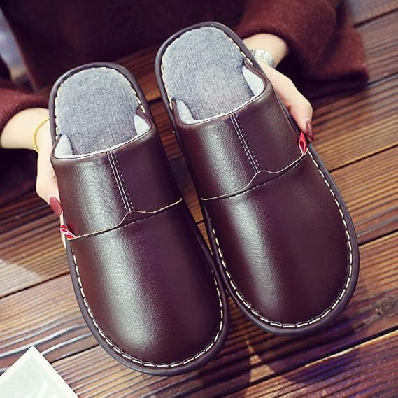 Men's Easy Close Shoe Slipper,Warm and waterproof leather slippers, non-slip warm cotton shoes-brown_UK6.5,Women Mens Washable Indoor Shoes