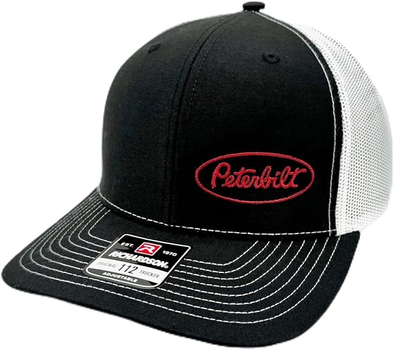 Peterbilt Richardson 112 Black & White Embroidered Snapback Trucker Mesh Hat, 7-7 3/4