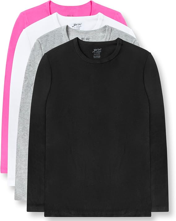 Brix Girls' Long Sleeve Tees - 100% Cotton 4 -Pack Crew Neck T Shirts.