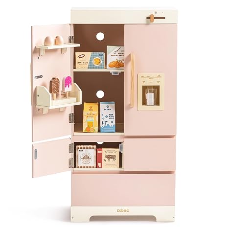 ROBUD Wooden Play Fridge Toy with Ice Maker for Kids Kitchen Playset